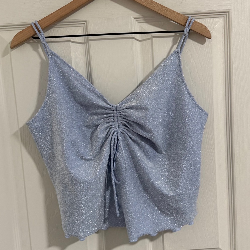 HM Divided Light Blue Metallic Glitter Ruched Front Crop Cami Top XL Euphoria